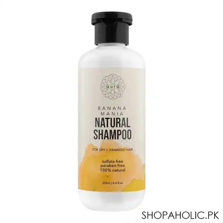 aura banana mania natural shampoo, for dry + damaged hair, 250ml main image