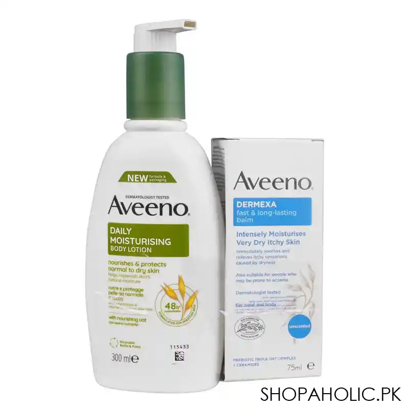Aveeno Daily Moisturizing Body Lotion-300ml + Dermexa Fast and Long Lasting Balm-75, Offer Pack - Main Image