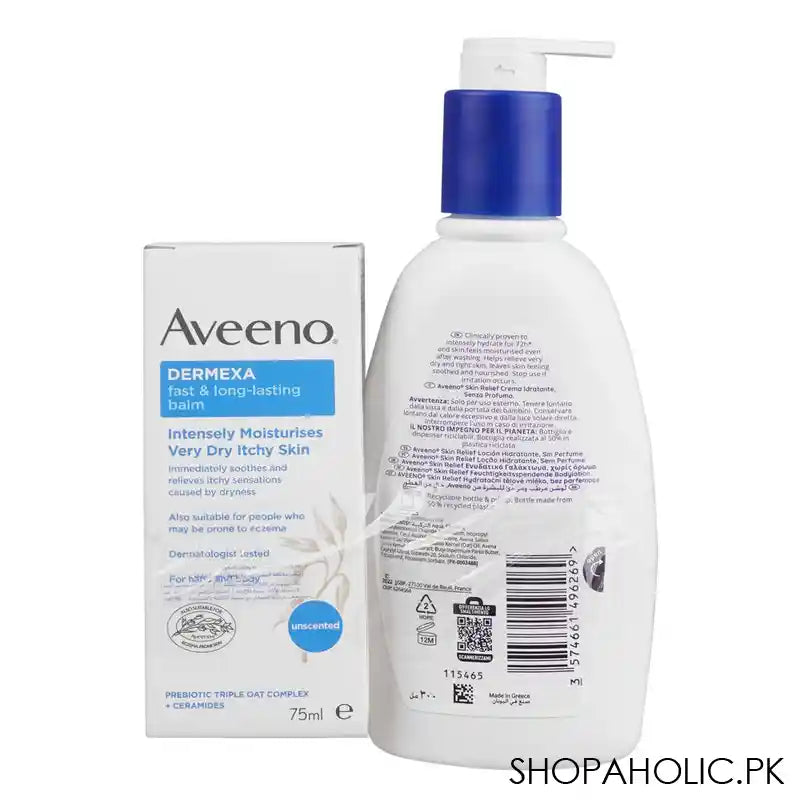 Aveeno Skin Relief Moisturizing Lotion-300ml + Dermexa Fast and Long Lasting Balm-75, Offer Pack - Image 2