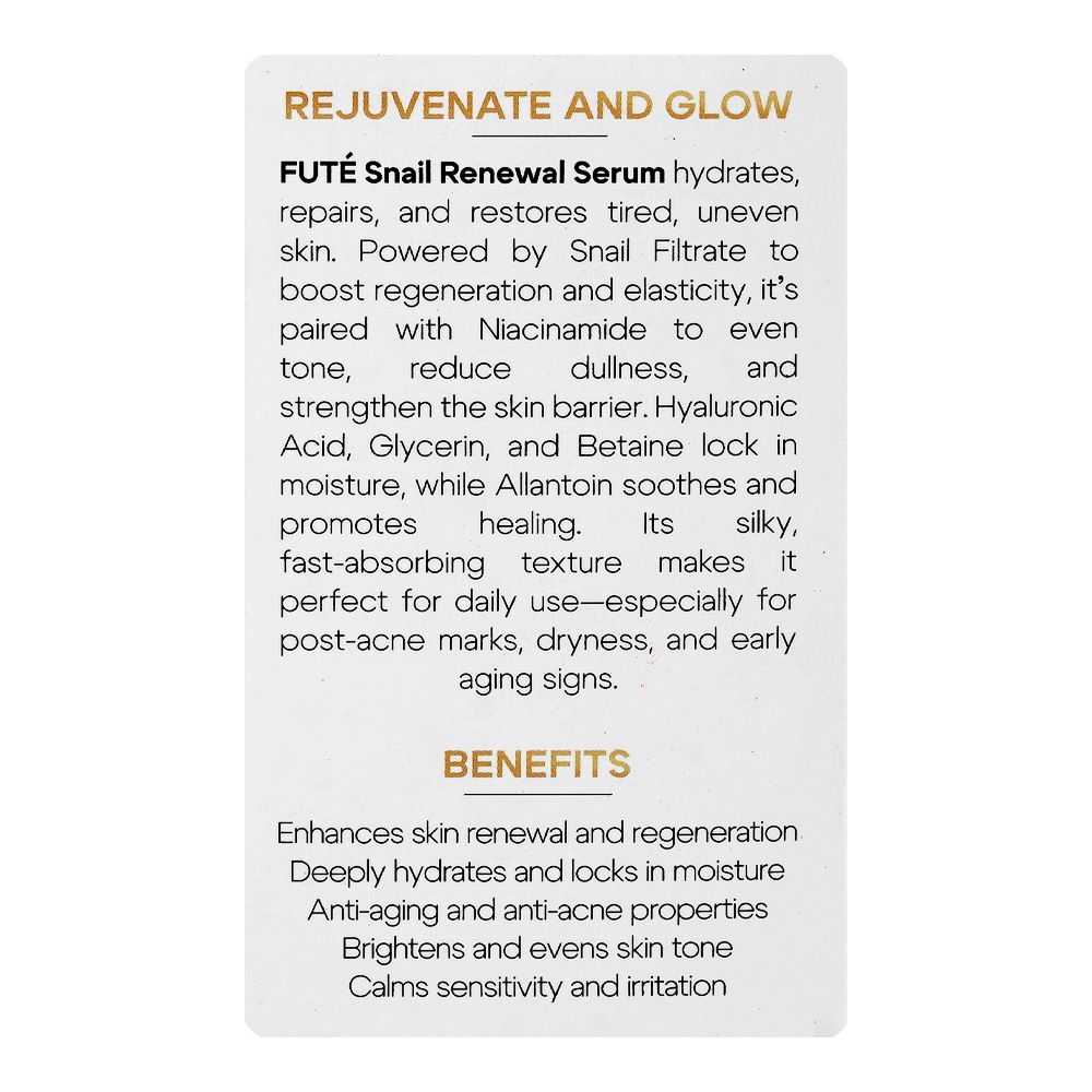Fute Hydrate & Age Defying Snail Mucin Serum, Hyaluronic Acid, Niacinamide, For Anti-Aging & Acne-Prone Skin, 30ml - Image 5
