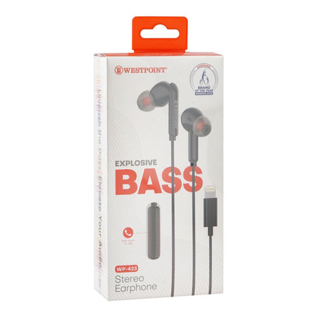 West Point Explosive Bass Stereo Lightning Earphones, Black WP-423 - Image 2