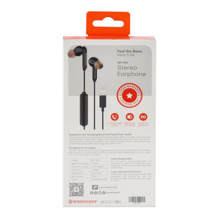 West Point Explosive Bass Stereo Lightning Earphones, Black WP-423 - Image 3