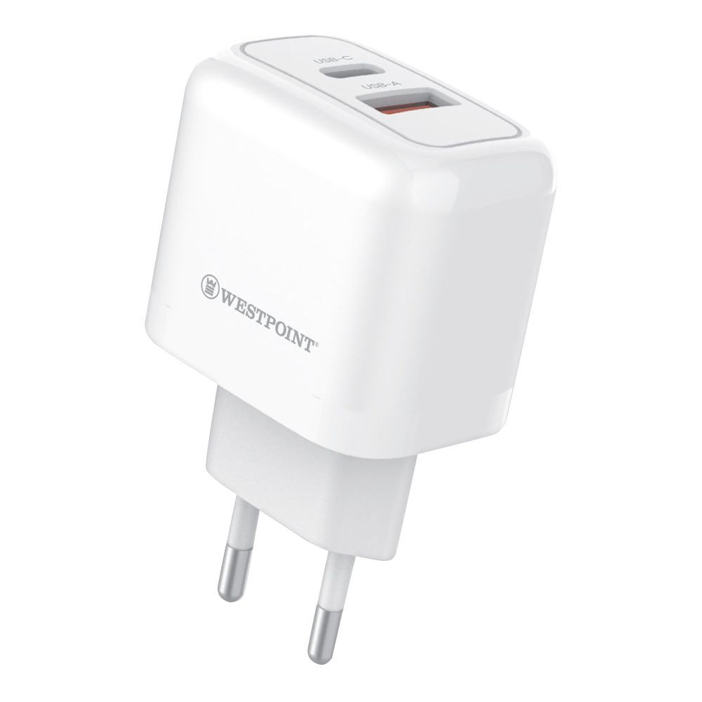 West Point Wall Charger With 1 Meter Cable, 20W Type-C + 18W USB-A, White, WP-21 - Main Image