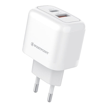 West Point Wall Charger With 1 Meter Cable, 20W Type-C + 18W USB-A, White, WP-21 - Main Image