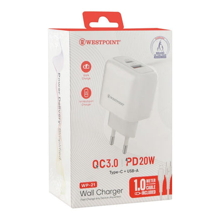 West Point Wall Charger With 1 Meter Cable, 20W Type-C + 18W USB-A, White, WP-21 - Image 2