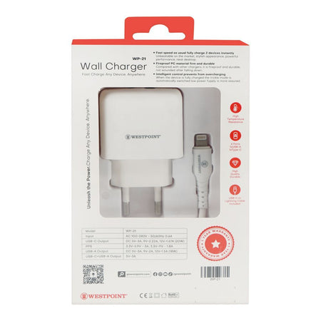 West Point Wall Charger With 1 Meter Cable, 20W Type-C + 18W USB-A, White, WP-21 - Image 3