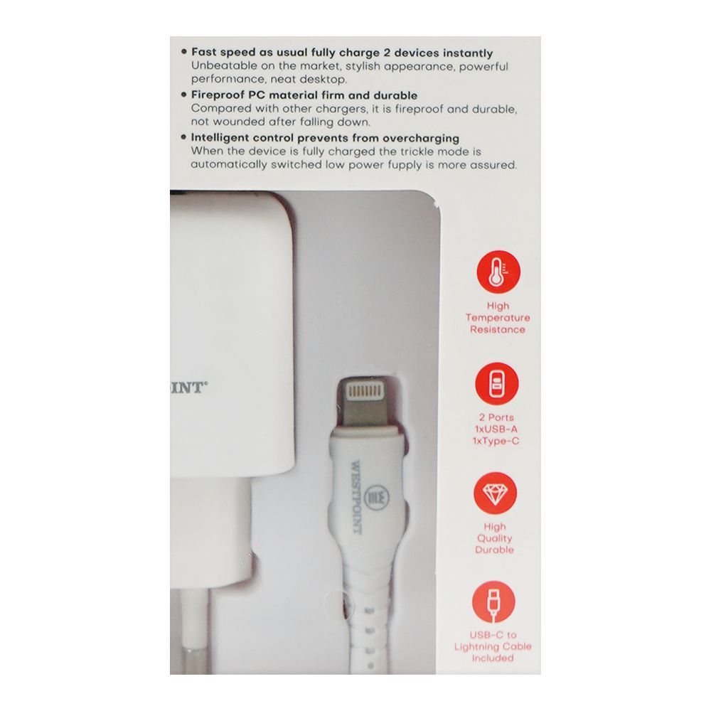 West Point Wall Charger With 1 Meter Cable, 20W Type-C + 18W USB-A, White, WP-21 - Image 4
