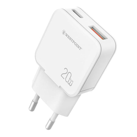 West Point Wall Charger With 1 Meter Cable, 18W USB-A + 20W Type-C, White, WP-25 - Main Image