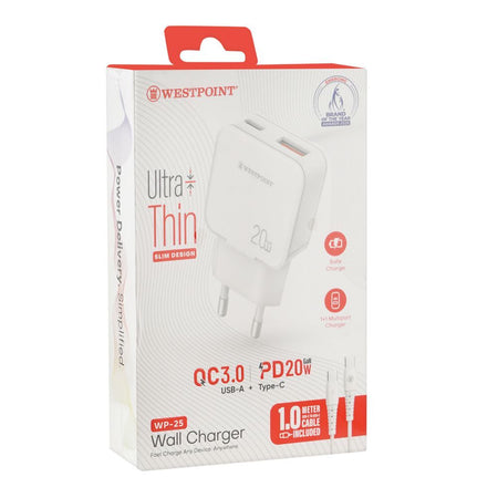 West Point Wall Charger With 1 Meter Cable, 18W USB-A + 20W Type-C, White, WP-25 - Image 2