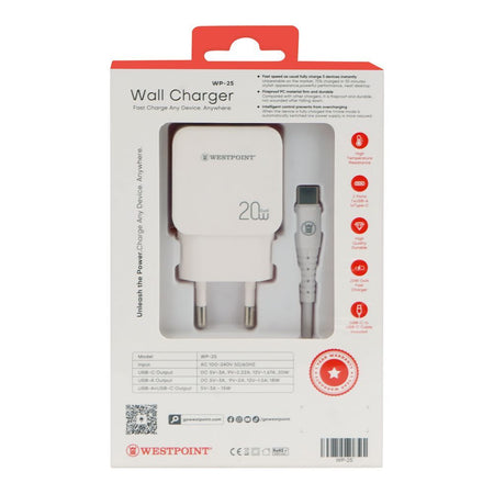 West Point Wall Charger With 1 Meter Cable, 18W USB-A + 20W Type-C, White, WP-25 - Image 3