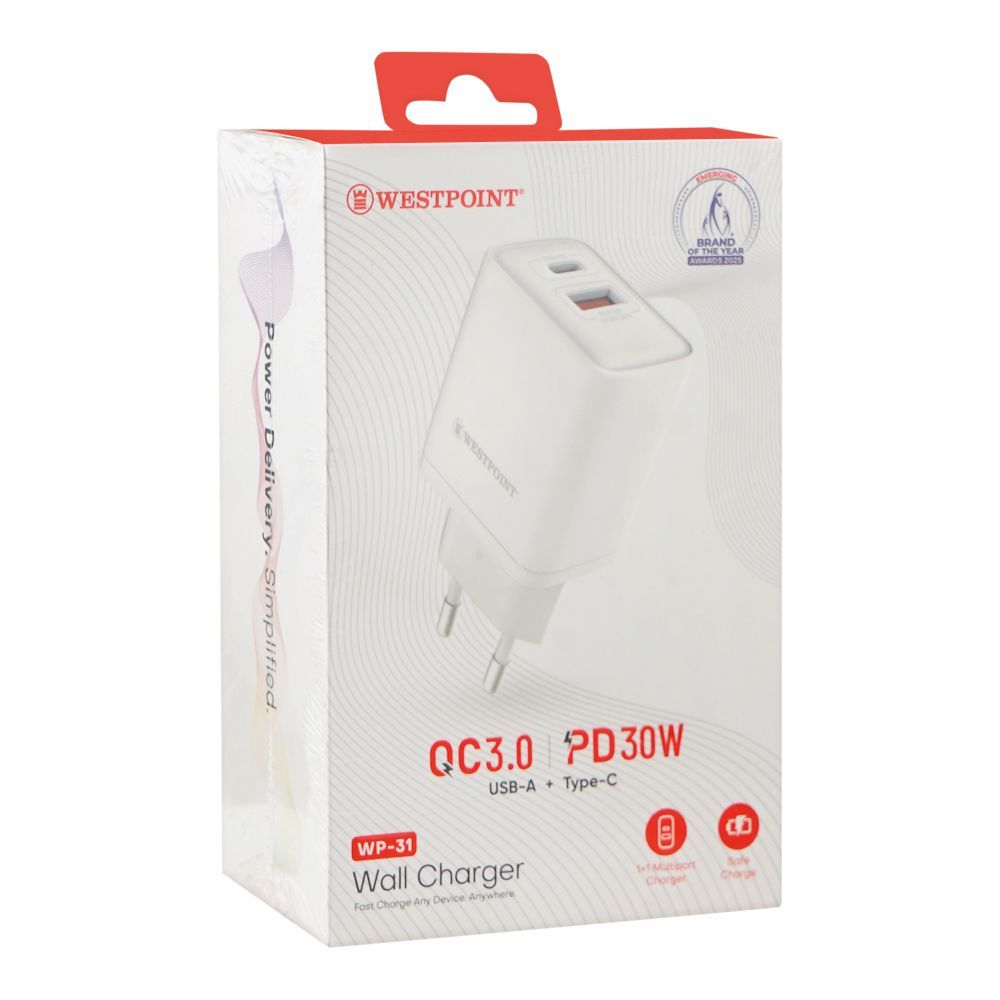 West Point Wall Charger, 18W USB-A + 30W Type-C, WP-31 - Image 2