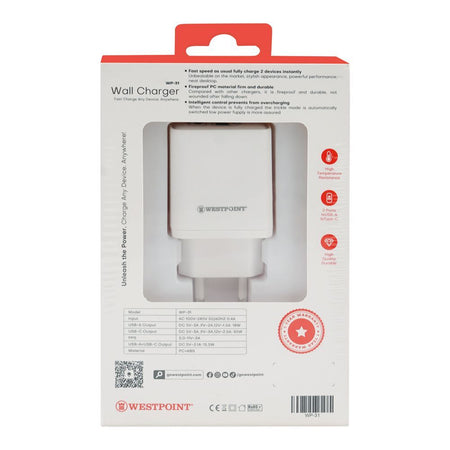 West Point Wall Charger, 18W USB-A + 30W Type-C, WP-31 - Image 3