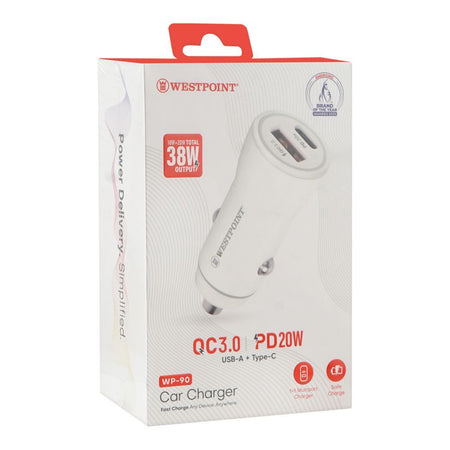 West Point Car Charger 18W USB-A + 20W Type-C, White, WP-90 - Image 2