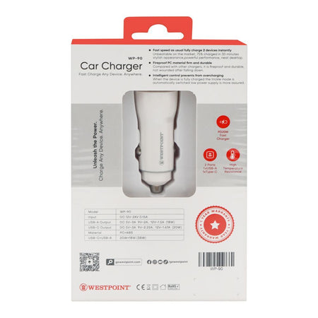West Point Car Charger 18W USB-A + 20W Type-C, White, WP-90 - Image 3