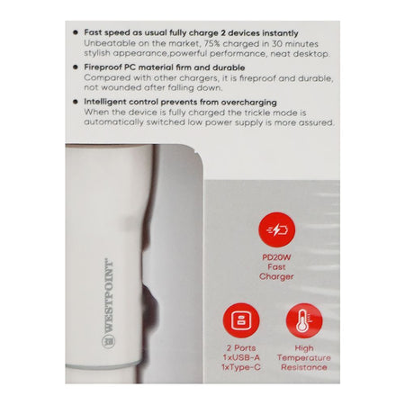 West Point Car Charger 18W USB-A + 20W Type-C, White, WP-90 - Image 4