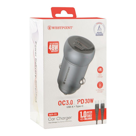 West Point Car Charger, 18W USB-A + 30W Type-C, Black, WP-91 - Image 2