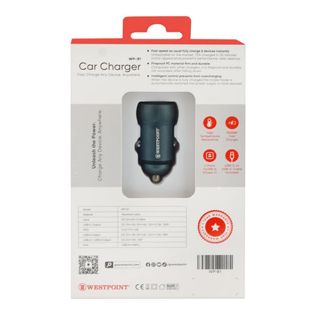 West Point Car Charger, 18W USB-A + 30W Type-C, Black, WP-91 - Image 3