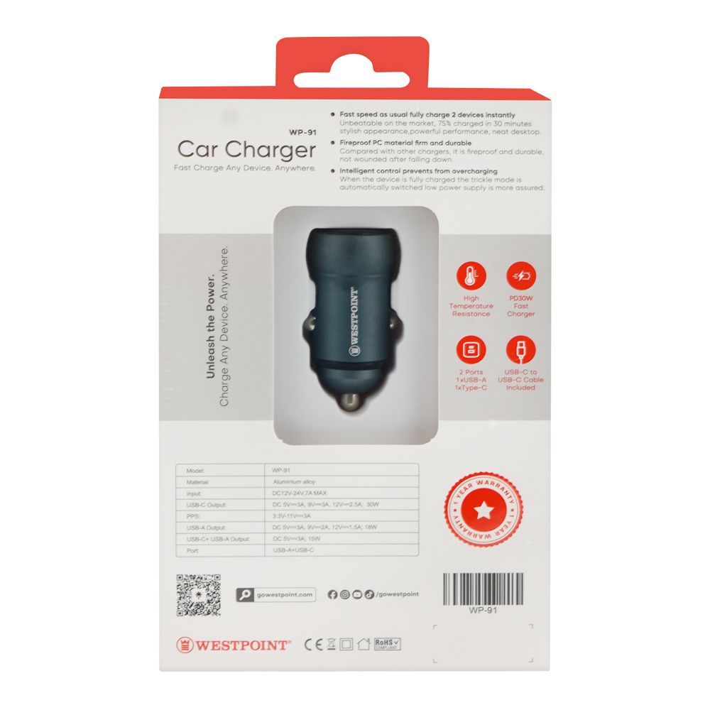 West Point Car Charger, 18W USB-A + 30W Type-C, Black, WP-91 - Image 3