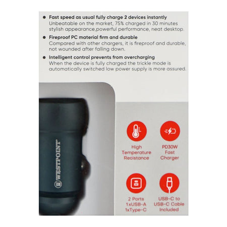 West Point Car Charger, 18W USB-A + 30W Type-C, Black, WP-91 - Image 4