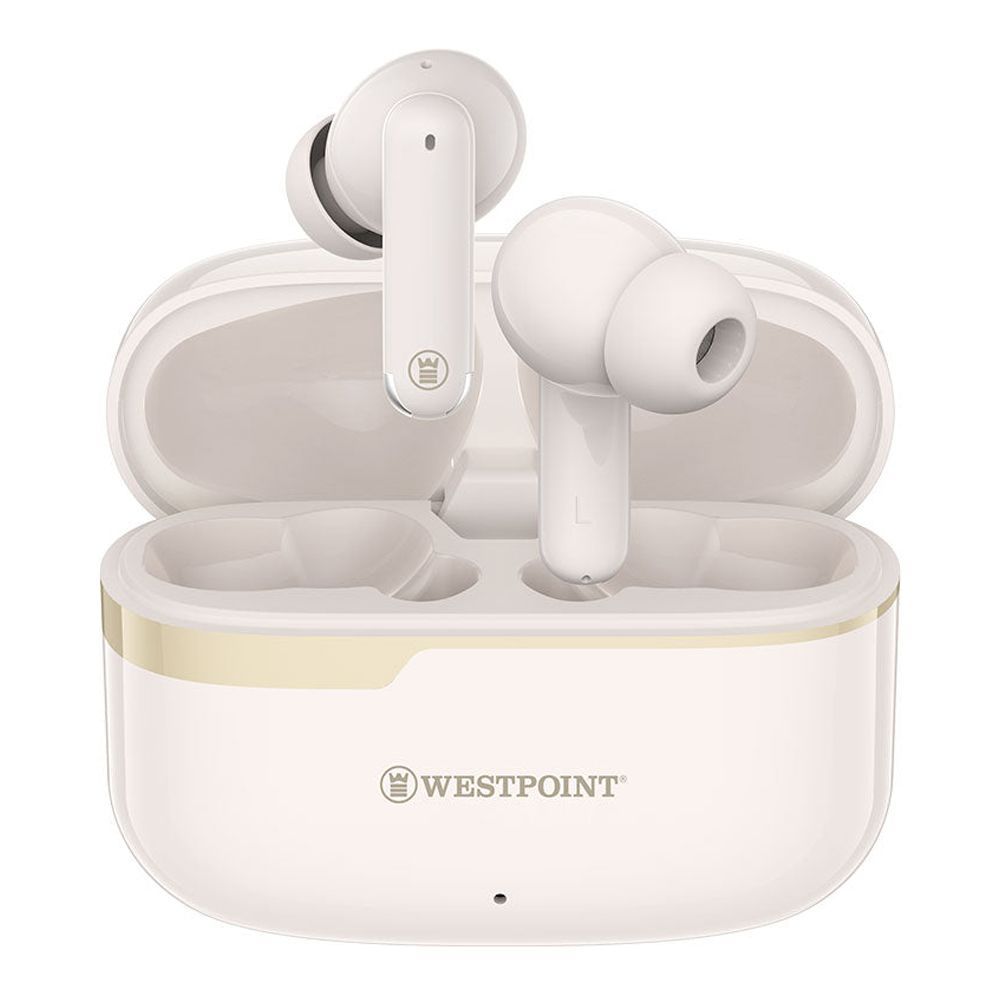 West Point Quad Mic ENC Wireless Stereo Earbuds, 5 Hours Play Time, 300mAh Case Battery, White, WP-140 - Main Image