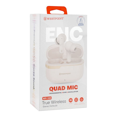 West Point Quad Mic ENC Wireless Stereo Earbuds, 5 Hours Play Time, 300mAh Case Battery, White, WP-140 - Image 4
