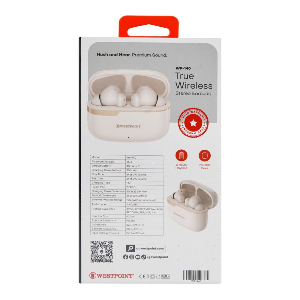 West Point Quad Mic ENC Wireless Stereo Earbuds, 5 Hours Play Time, 300mAh Case Battery, White, WP-140 - Image 5