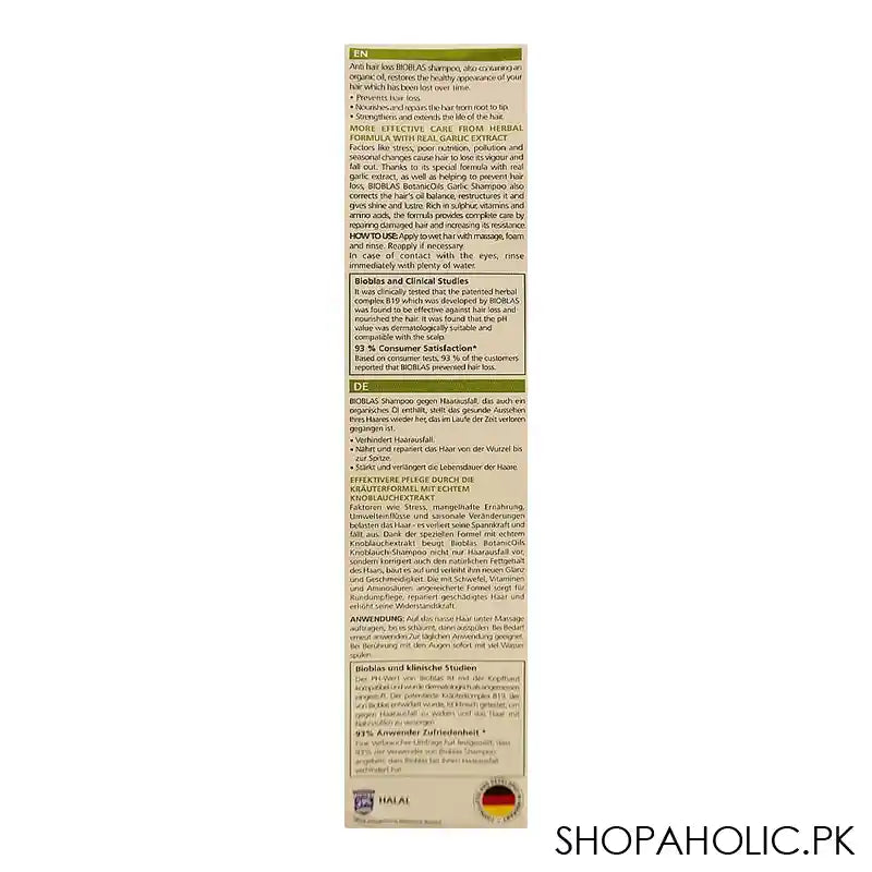 Bioblas Botanic Oil Nourishing And Repairing Care Garlic Shampoo, Prevents Hair Loss, Paraben Free, All Hair Types, 360ml - Image 2