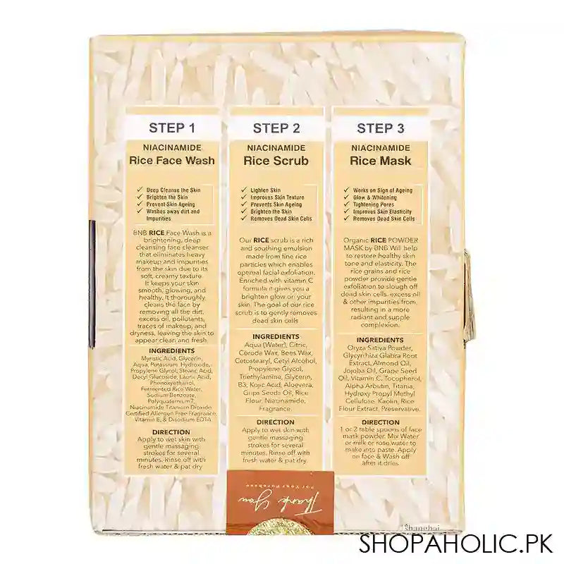 BNB Organic Source Rice Brightening Glow Kit, Face Wash+Scrub+Mask, Paraben and Sulfate Free, Dermatologist-Tested - Image 4