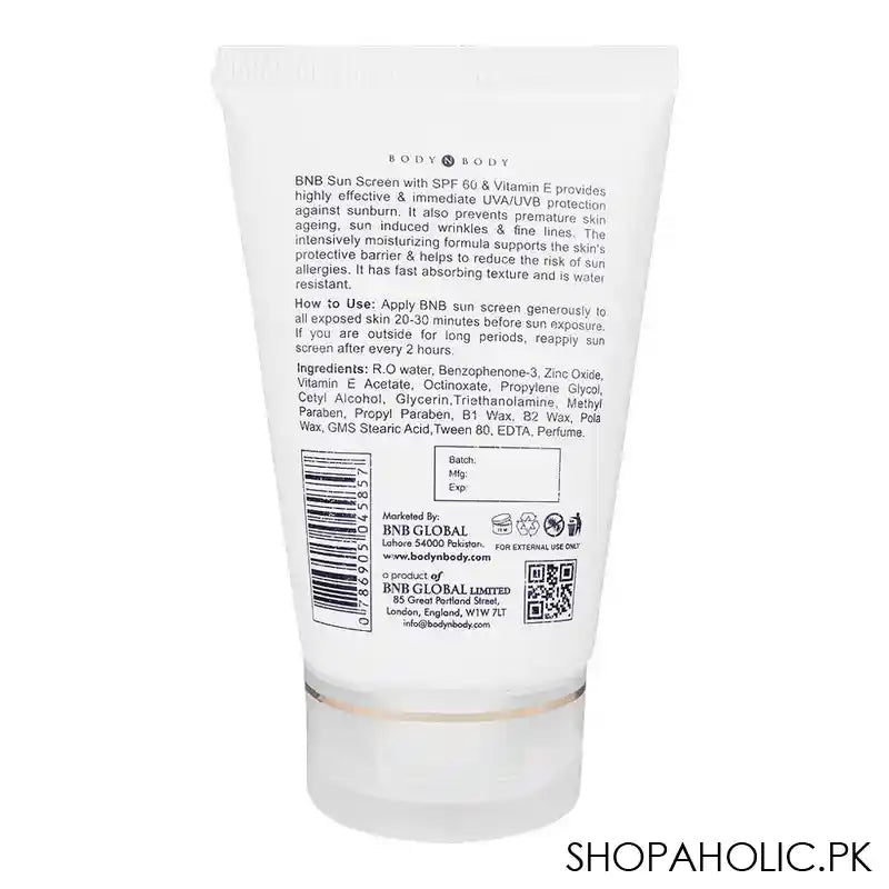 BNB Rich Vitamin E Sun Screen, SPF60, UVA/UVB Protection, For All Skin Types, 120ml - Image 3