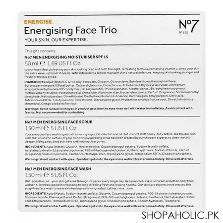 boots no 7 men energising face trio set, moisturiser spf15 + face scrub + face wash image3