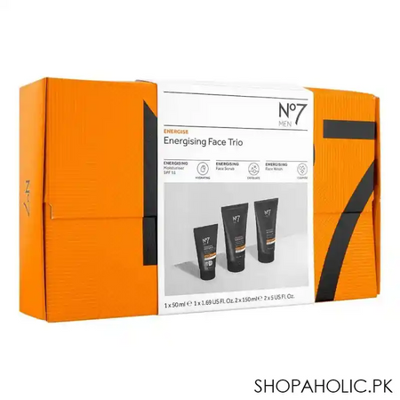 boots no 7 men energising face trio set, moisturiser spf15 + face scrub + face wash main image