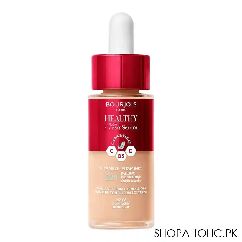 Bourjois Healthy Mix Clean & Vegan Radiant Serum Foundation, Vitamins 82%, 53W Light Beige, 30ml - Main Image