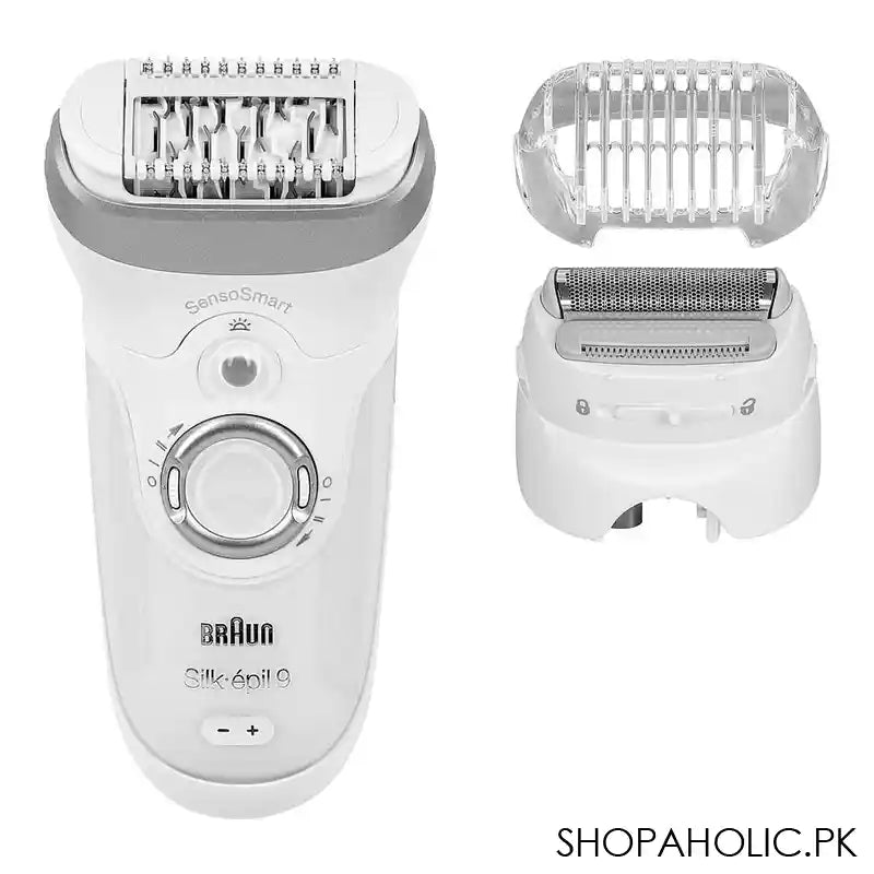 Braun Silk-epil 9 Wet & Dry Epilator With 2 Pouches, Shave, Trim & Epilate, Facial Hair Removal, White & Silver, 9705 - Main Image