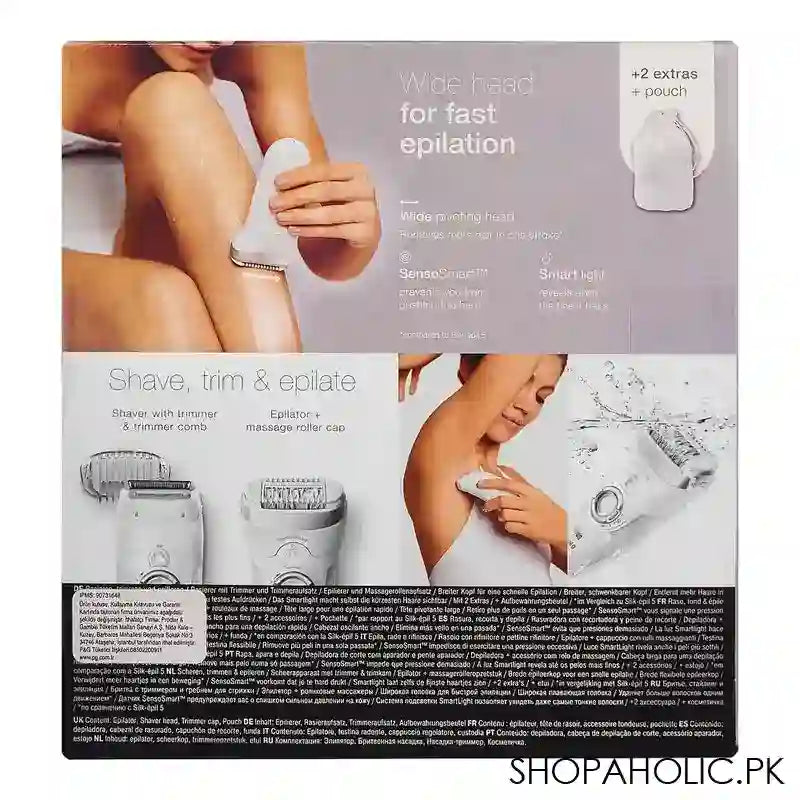 Braun Silk-epil 9 Wet & Dry Epilator With 2 Pouches, Shave, Trim & Epilate, Facial Hair Removal, White & Silver, 9705 - Image 3