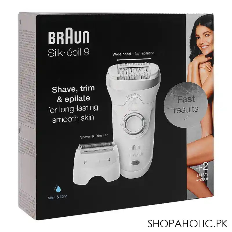 Braun Silk-epil 9 Wet & Dry Epilator With 2 Pouches, Shave, Trim & Epilate, Facial Hair Removal, White & Silver, 9705 - Image 4