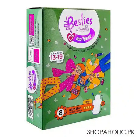 Butterfly Besties For Teens Ultra-Thin Sanitary Napkins, Long, Suitable For Teenage, 8-Pack - Main Image