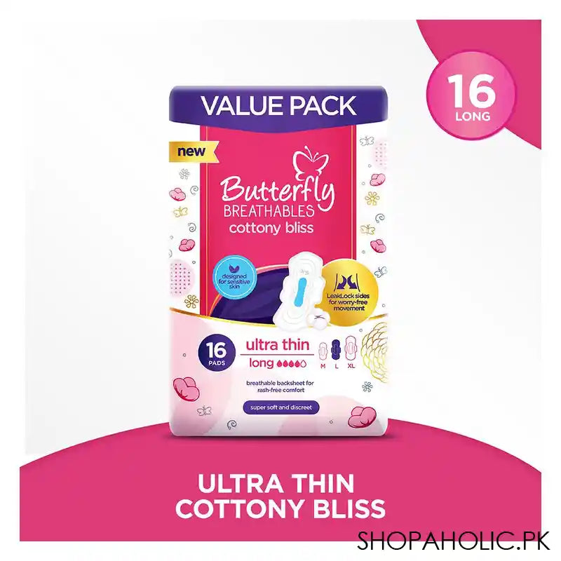Butterfly Breathable Cottony Bliss Ultra Thin Long Pads Value Pack, 16-Pack - Image 3