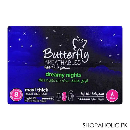 Butterfly Breathable Dreamy Nights, Maxi Thick, Prevents Leaks At Night, Extra Long 8-Pads - Image 2