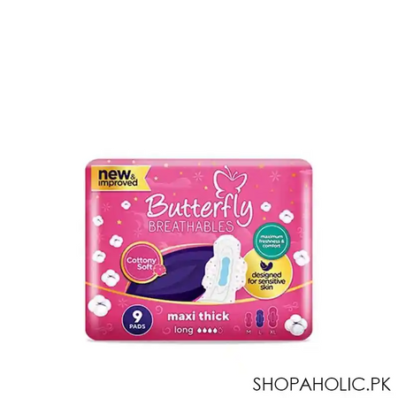 butterfly breathables maxi thick pads, long, 9 pack main image