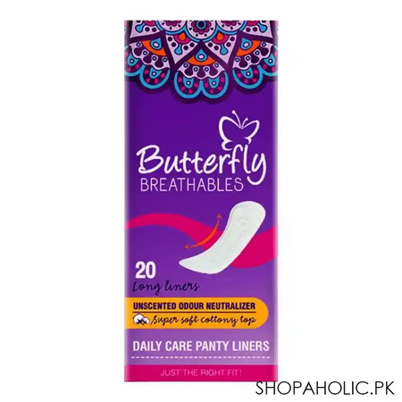 butterfly breathables unscented daily care panty liners, 20 long liners main image