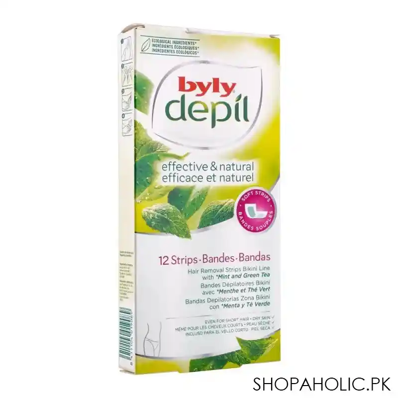 byly depil effective & natural mint & green tea bikini line hair removal strips, 12 pack main image