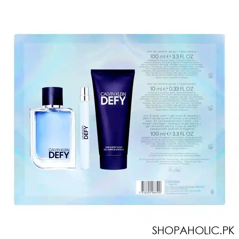 Calvin Klein Defy Gift Set, Eau De Toilette 100ml+Eau De Toilette 10ml Pocket Spray+Hair & Body Wash, For Men, 100ml - Image 4
