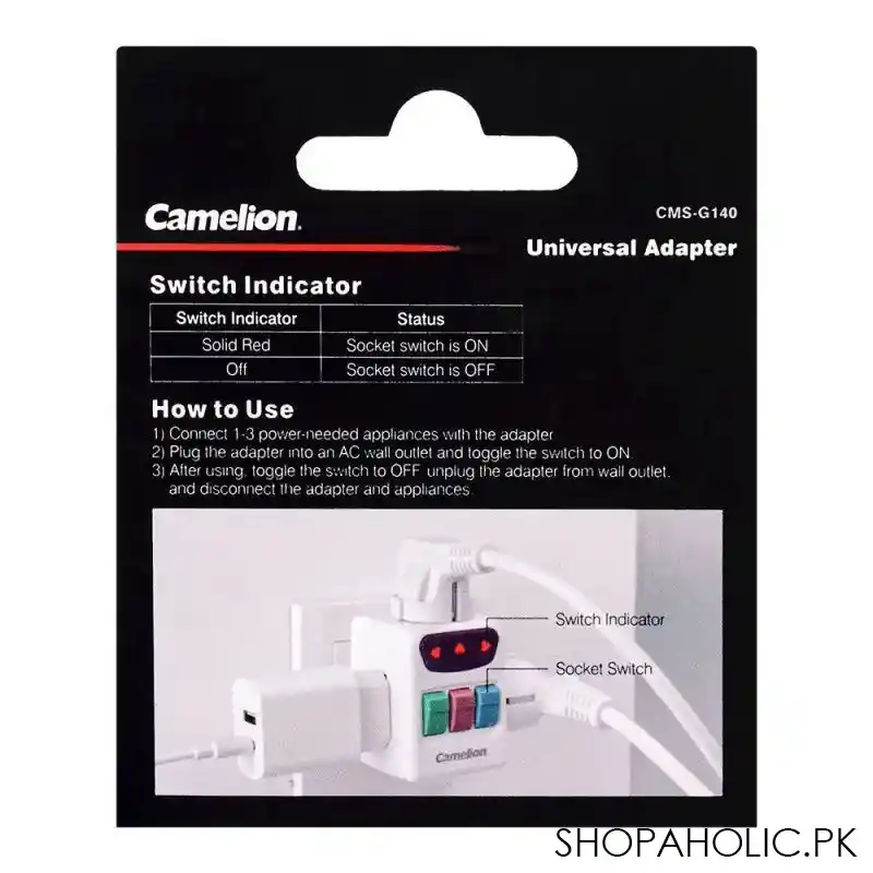 camelion 3 socket universal adapter, 240v, cms g140 image3
