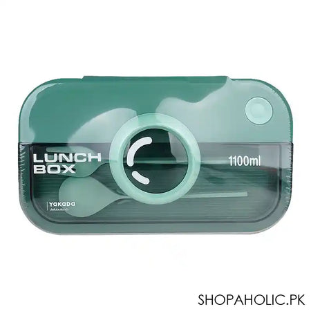 Camera Plastic Lunch Box With Spoon & Fork, 1100ml Capacity, 7.1in (H) x 3.9in (W) x 2in (D), Green - Main Image