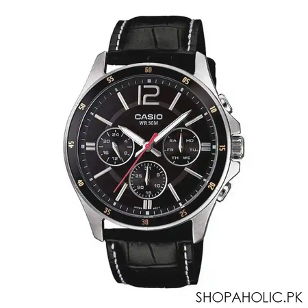 casio enticer chronograph black dial men's watch, leather strap, mtp 1374l 1avdf main image