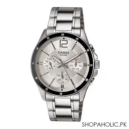 casio enticer chronograph men's metal band silver dial watch, mtp 1374d 7avdf main image