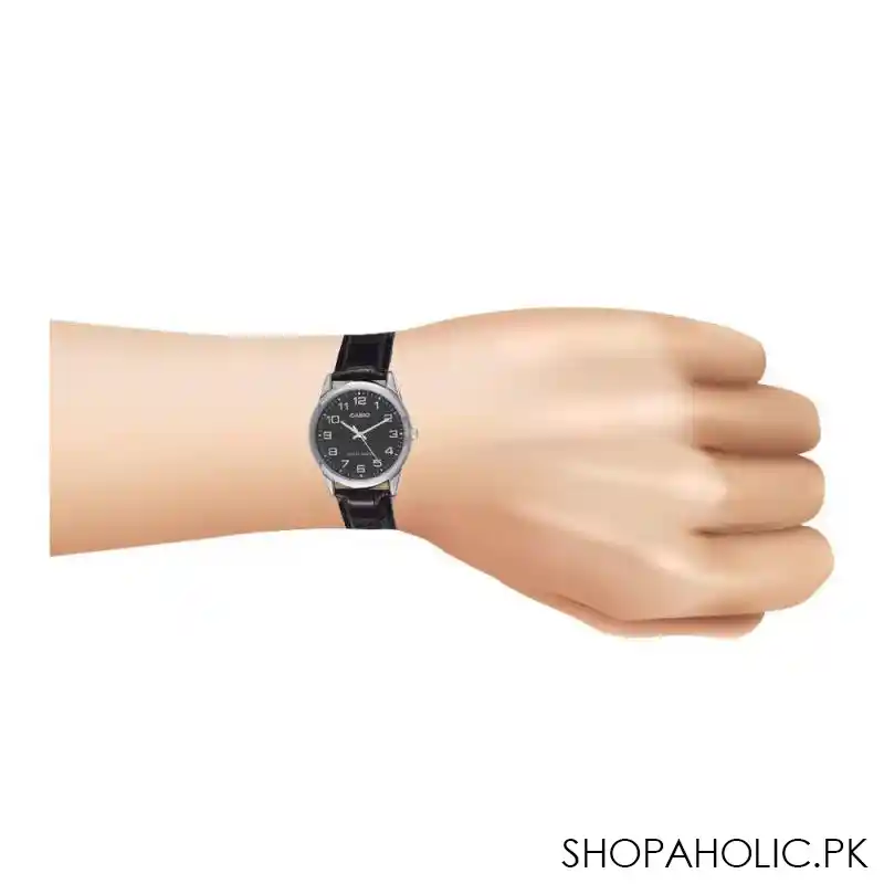 casio men's dress analog black dial watch, leather strap, mtp v001l 1budf image4
