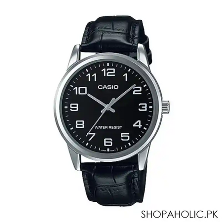 casio men's dress analog black dial watch, leather strap, mtp v001l 1budf main image