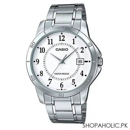 casio men's white dial stainless steel analog watch, mtp v004d 7budf main image