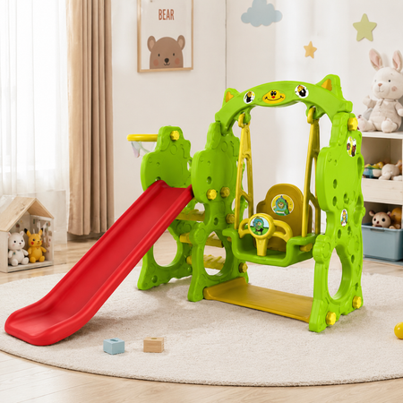 Multifunctional Kids Slide And Swing Playset With Basketball Hoop